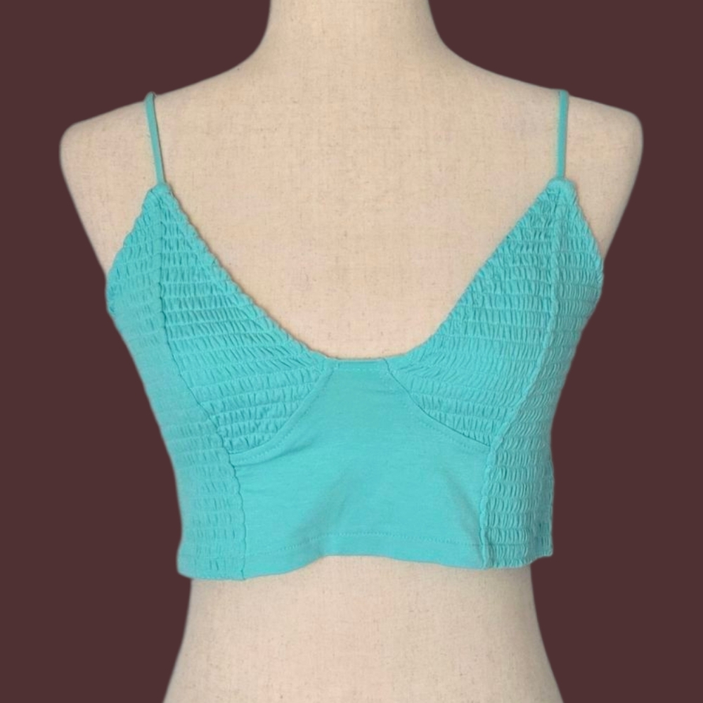 Zenana Brami Crop Top L | Turquoise Blue Stretchy Smocked Bralette